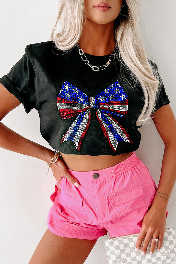 Black Rhinestone Stars and Stripes Bow Graphic Independence Day T Shirt