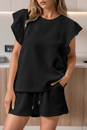 Black Textured Ruffled Sleeve Tee and Drawstring Elastic Waistband Shorts Set