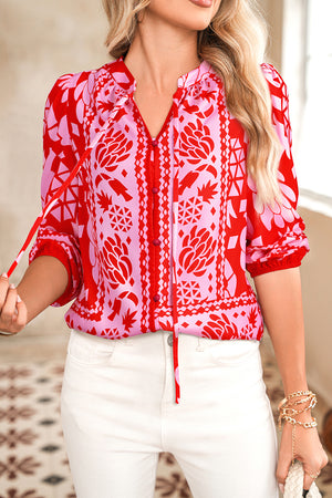 Strawberry Pink Abstract Floral Print Tie Neck Button Decor 3/4 Sleeve Blouse
