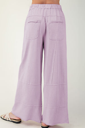 Pink Mineral Wash Exposed Seam Drawstring Elastic Waistband Wide Leg Cargo Pants