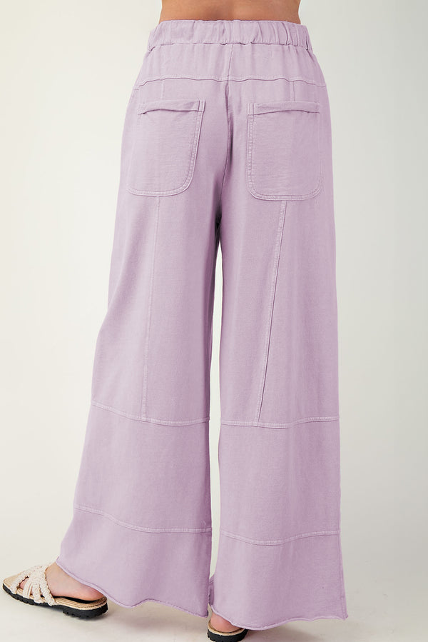 Pink Mineral Wash Exposed Seam Drawstring Elastic Waistband Wide Leg Cargo Pants