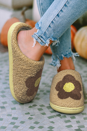 Camel Fuzzy Flower Pattern Homewear Slippers