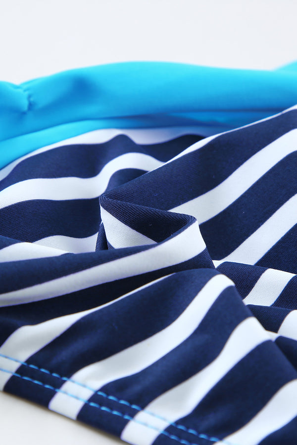 Striped Blue Padded Gather Push-up Bikini Set