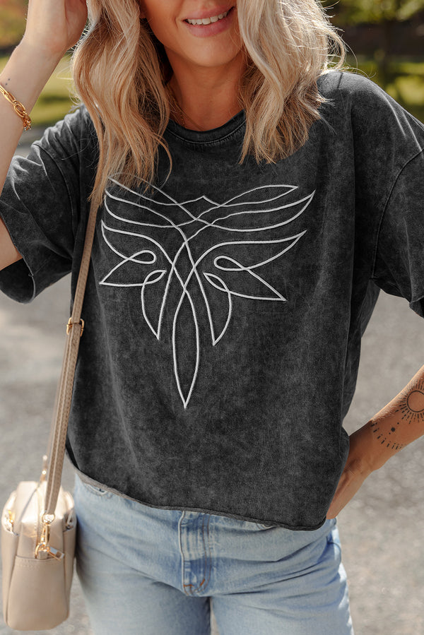 Black Floral Embroidered Mineral Wash Crew Neck T Shirt
