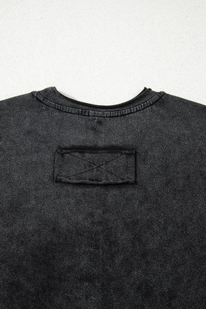 Black Floral Embroidered Mineral Wash Crew Neck T Shirt