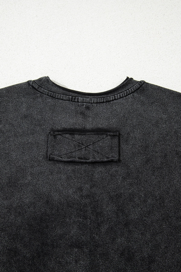 Black Floral Embroidered Mineral Wash Crew Neck T Shirt