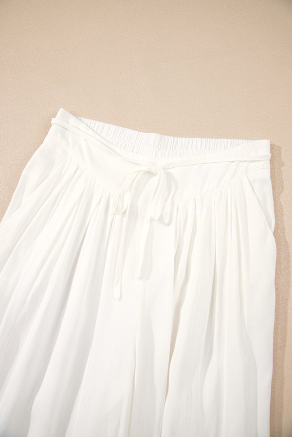 White Solid Drop Waist Pleated Wide Leg Casual Pants