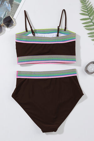 Coffee Contrast Banding Tube Bikini High Waist 2pcs Swimsuit