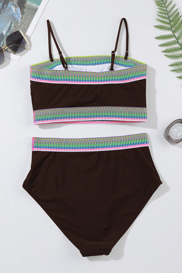 Coffee Contrast Banding Tube Bikini High Waist 2pcs Swimsuit