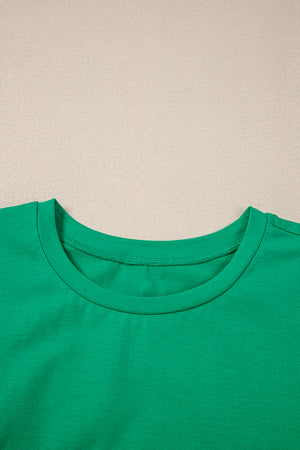 Dark Green Embroidered Ruffled Sleeve Slim Fit Crew Neck Top