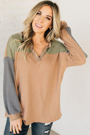 Buckskin Color Block Thermal Textured Knit Drop Shoulder Henley Top