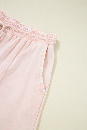 Pink Flower Patch Mineral Washed Terry Knit Cropped Wide Leg Pants