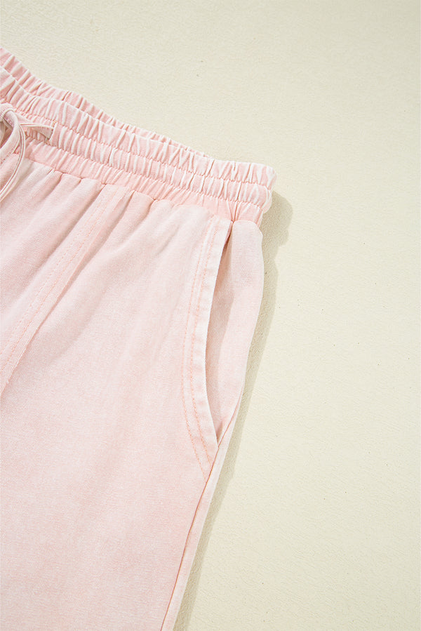 Pink Flower Patch Mineral Washed Terry Knit Cropped Wide Leg Pants