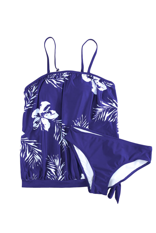 Blue Floral Pattern Strapless Tankini Set