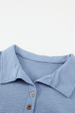 Sky Blue Button Front Turn-down Neck Knit Top