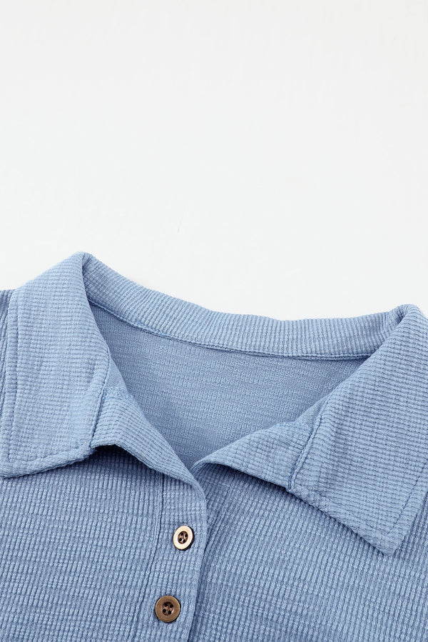 Sky Blue Button Front Turn-down Neck Knit Top