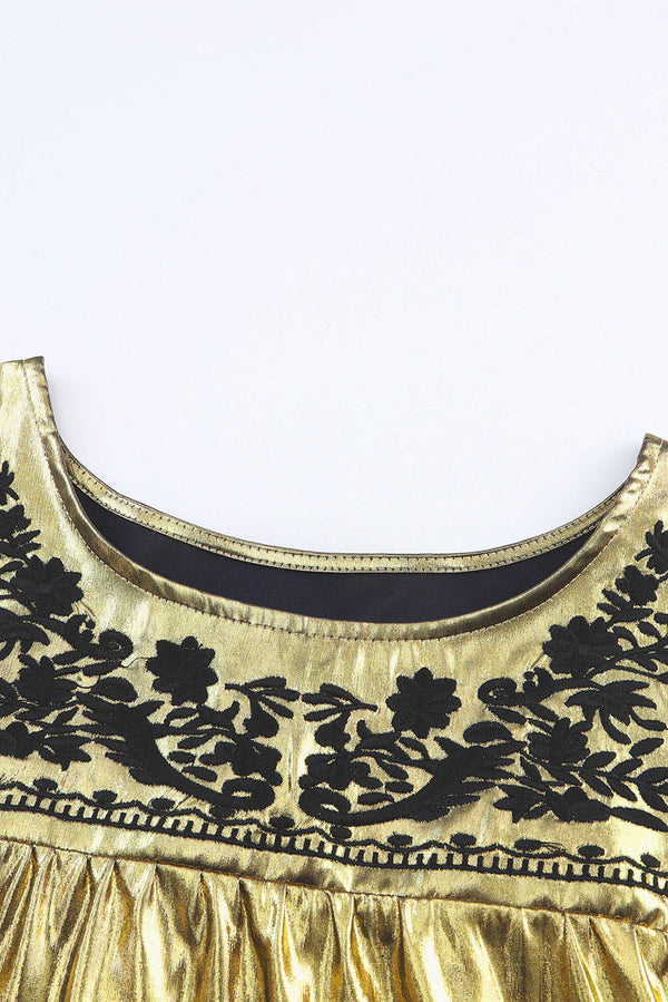 Gold Plus Size Floral Embroidered Short Sleeve Top