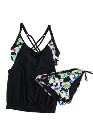 Black Layered-Style Floral Tankini with Triangular Briefs