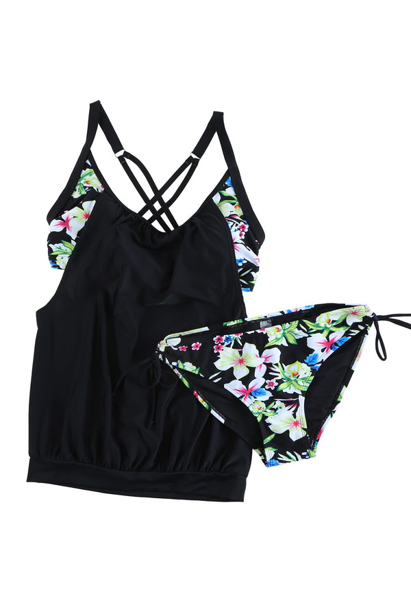 Black Layered-Style Floral Tankini with Triangular Briefs