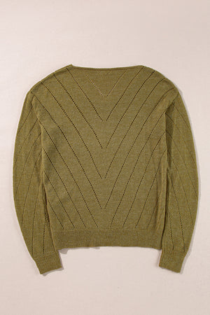 Sage Green Solid Eyelet Drop Shoulder V Neck Sweater