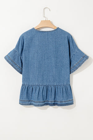 Dusk Blue Denim Ruffled Sleeve Lace up Front Peplum Top