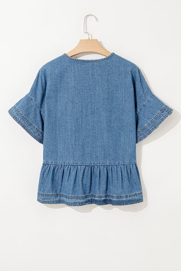 Dusk Blue Denim Ruffled Sleeve Lace up Front Peplum Top