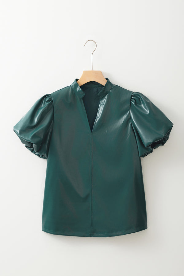 Sea Green  Notched V Neck Short Puff Sleeve PU Leather Blouse