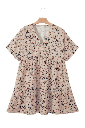 Beige Printed Surplice V Neck Cuffed Sleeve Empire Waist Plus Size Dress