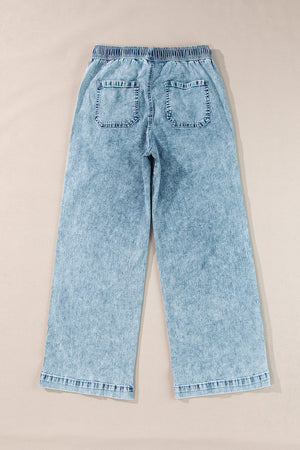 Myosotis Mineral Wash Drawstring Elastic Waistband Loose Straight Denim Pants