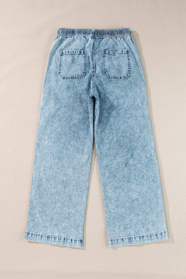 Myosotis Mineral Wash Drawstring Elastic Waistband Loose Straight Denim Pants