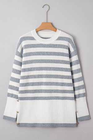 Gray Stripe Ribbed Buttoned Detail Drop Shoulder Tunic Sweater