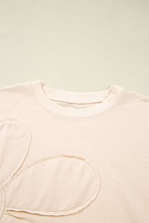 Beige Raw Edge Flower Patch Drop Shoulder Casual Top