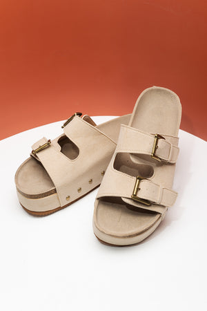 Beige Suede Buckle Decor Footbed Sandal Slippers