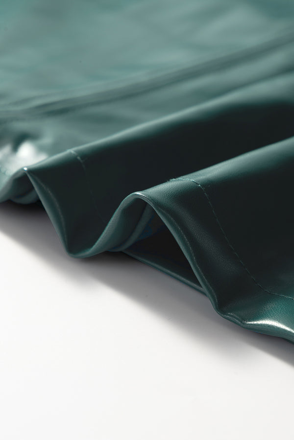 Sea Green  Notched V Neck Short Puff Sleeve PU Leather Blouse