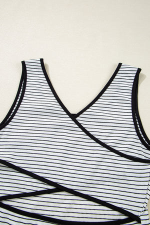 White Stripe Criss Cross Side Slits Slim Fit Sleeveless Midi Dress