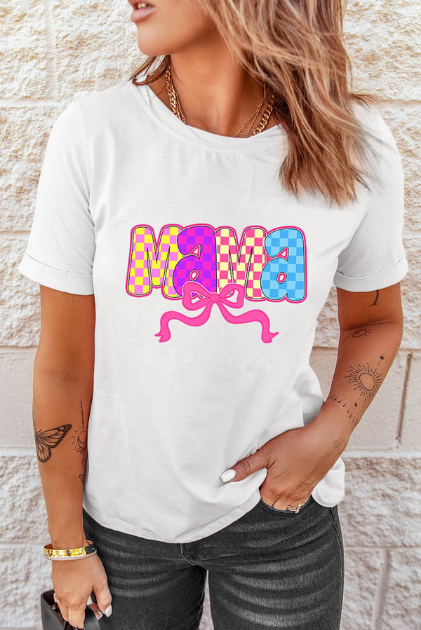 White MAMA Checkered Bow Knot Print Crewneck T Shirt
