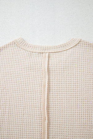 Pale Khaki Solid Color Textured Seamed Short Sleeve Top