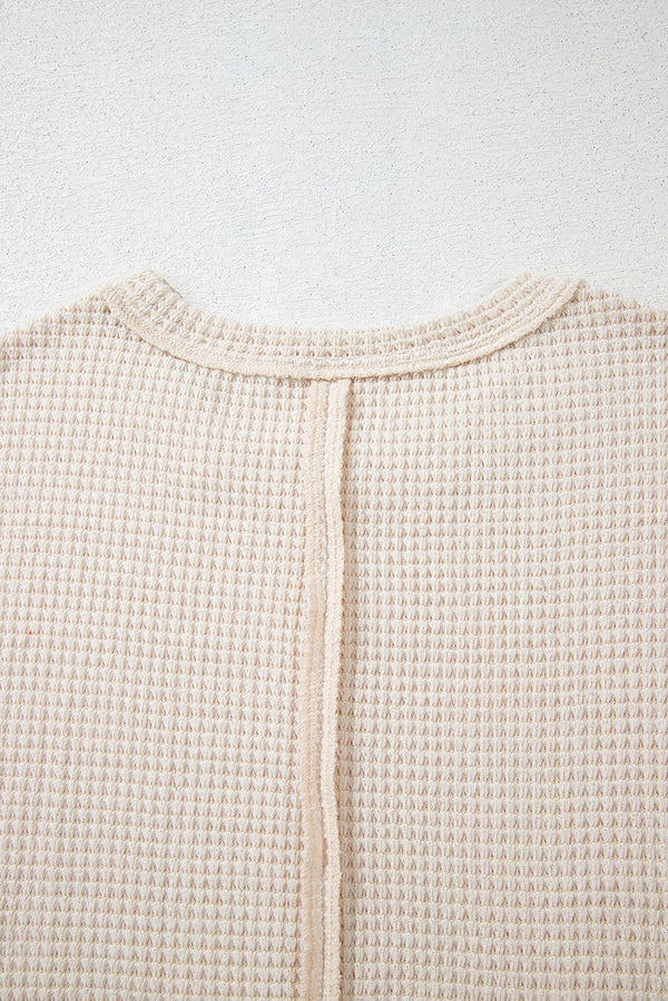 Pale Khaki Solid Color Textured Seamed Short Sleeve Top