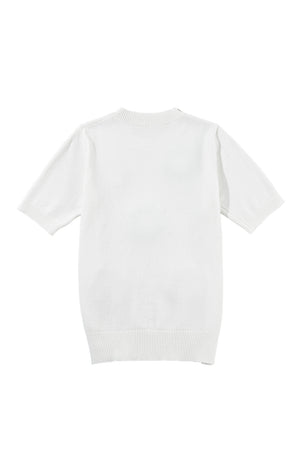 White Cute Flower Applique Short Sleeve Sweater