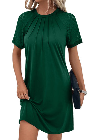Blackish Green Contrast Lace Raglan Sleeve Pleated Detail Shift Dress
