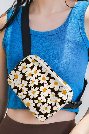 Black Daisy Printed Buckle Strap Crossbody Bag