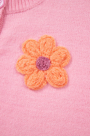 Pink Cute Knitted Floral Pattern Button Up Cardigan