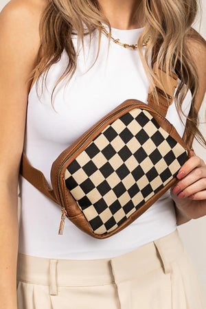 Coffee Faux Leather Checkered Patchwork Crossbody Waist Bag