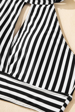 Black Striped Halter Top Drawstring Ruched High Waisted Bikini