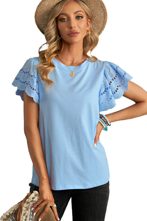 White/Black/Blue/Green Hollow Out Ruffle Sleeve T-shirt