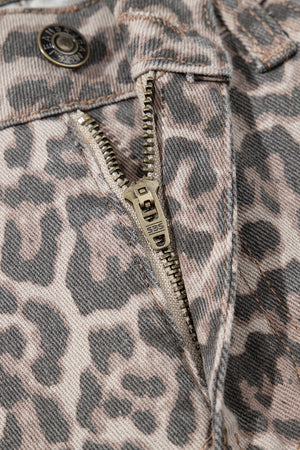 Brown Leopard Frayed Edge Wide Leg High Waist Jeans