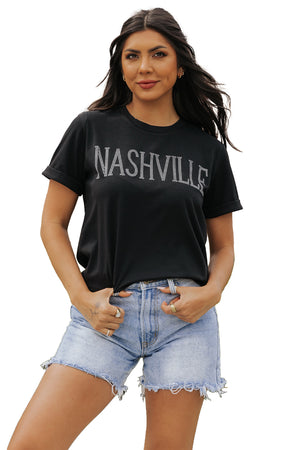 Black Rhinestone NASHVILLE Graphic Crewneck T Shirt