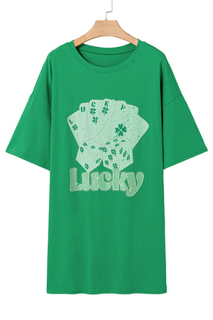 Bright Green Rhinestone Lucky Poker Cards Oversized T Shirt Mini Dress
