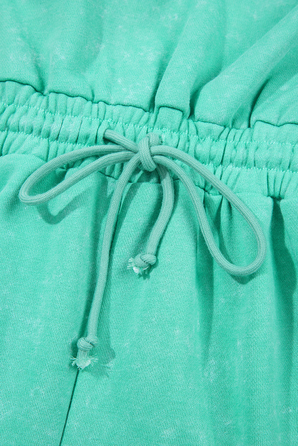 Sea Green Mineral Wash Drawstring Elastic Waistband Hollow Out Back Short Sleeve Romper