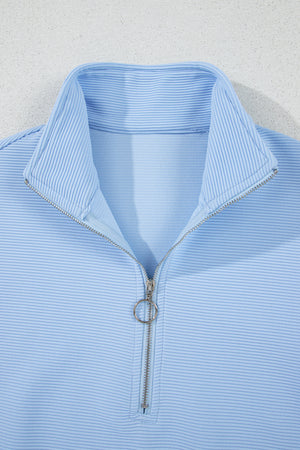 Beau Blue Ribbed Texture Half Zip Ruffled Short Sleeve Top and Shorts Set